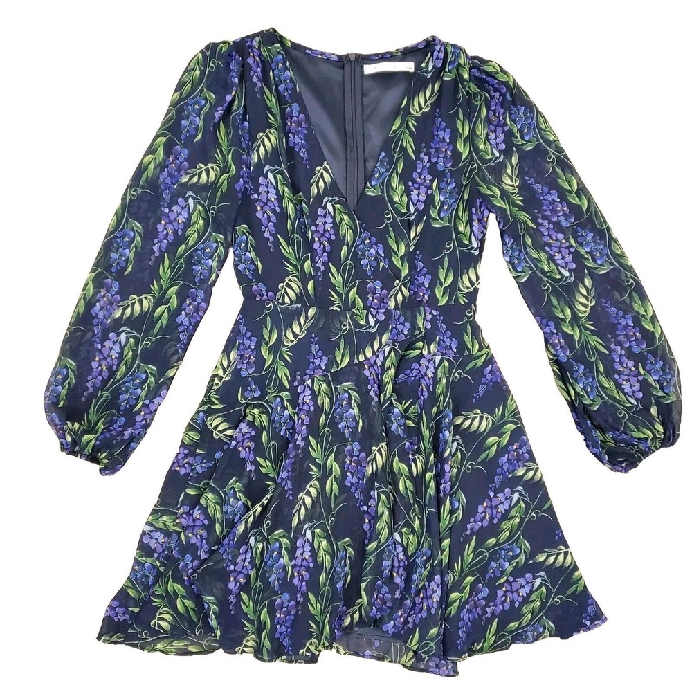 Saints and Secrets XS Longsleeve Mini Dress Surplice Top Floral Faux Wrap Blue